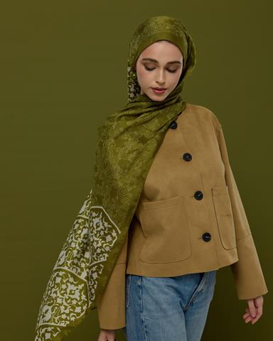 S-SARAYLI-39 Altın Zeytin & Beyaz Işık Saraylı Desen Şal