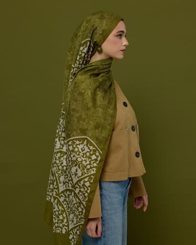 S-SARAYLI-39 Altın Zeytin & Beyaz Işık Saraylı Desen Şal