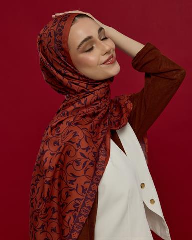 S-LALE-28 Amber & Patlıcan Lale Bahçesi Desen Şal