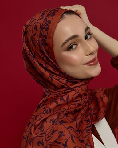 S-LALE-28 Amber & Patlıcan Lale Bahçesi Desen Şal