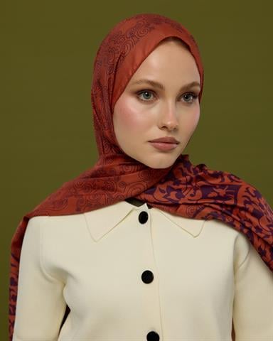 S-SARAYLI-28 Amber & Patlıcan Saraylı Desen Şal