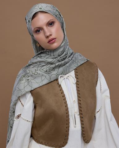 S-EFSUNLU-38 Badem Kremi & Zeytin Yeşili Efsunlu Desen Şal