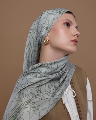 S-EFSUNLU-38 Badem Kremi & Zeytin Yeşili Efsunlu Desen Şal