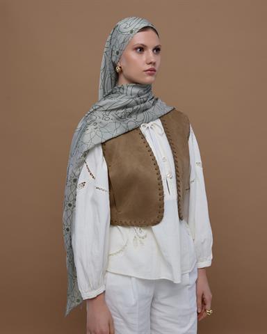 S-EFSUNLU-38 Badem Kremi & Zeytin Yeşili Efsunlu Desen Şal