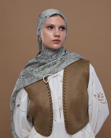 S-EFSUNLU-38 Badem Kremi & Zeytin Yeşili Efsunlu Desen Şal