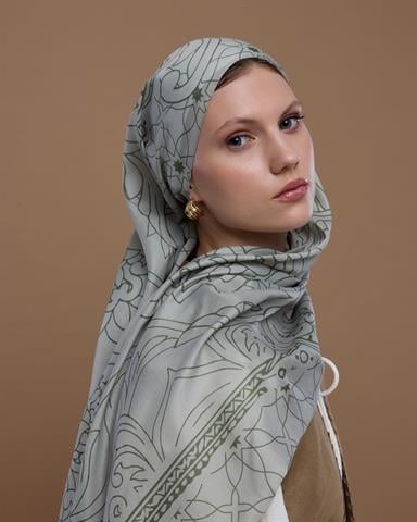 S-EFSUNLU-38 Badem Kremi & Zeytin Yeşili Efsunlu Desen Şal