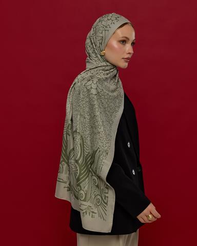 S-HAREM-38 Badem Kremi & Zeytin Yeşili Harem Rüyası Desen Şal