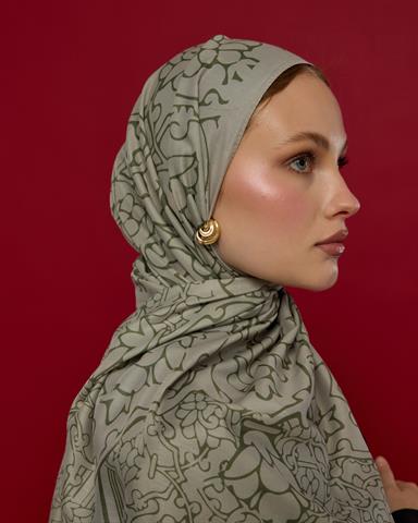 S-HAREM-38 Badem Kremi & Zeytin Yeşili Harem Rüyası Desen Şal