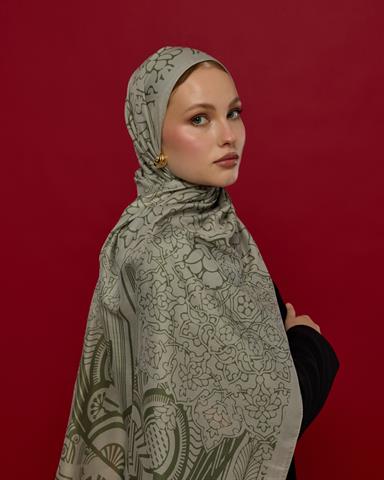 S-HAREM-38 Badem Kremi & Zeytin Yeşili Harem Rüyası Desen Şal