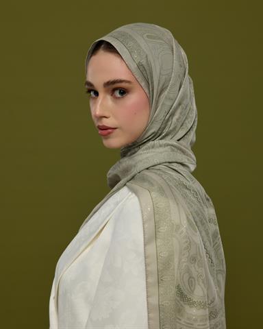 SV-HURREM-38 Badem Kremi & Zeytin Yeşili Hürrem Desen  Şal