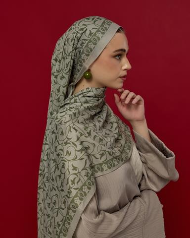 S-LALE-38 Badem Kremi & Zeytin Yeşili Lale Bahçesi Desen Şal