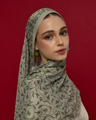 S-LALE-38 Badem Kremi & Zeytin Yeşili Lale Bahçesi Desen Şal