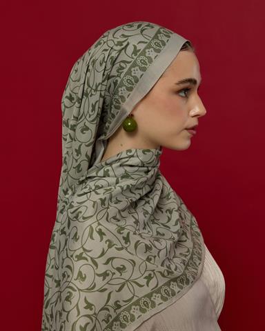 S-LALE-38 Badem Kremi & Zeytin Yeşili Lale Bahçesi Desen Şal