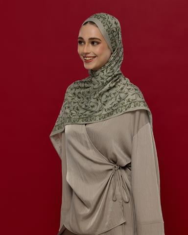 S-LALE-38 Badem Kremi & Zeytin Yeşili Lale Bahçesi Desen Şal