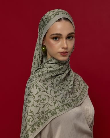 S-LALE-38 Badem Kremi & Zeytin Yeşili Lale Bahçesi Desen Şal