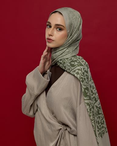 S-SARAYLI-38 Badem Kremi & Zeytin Yeşili Saraylı Desen Şal