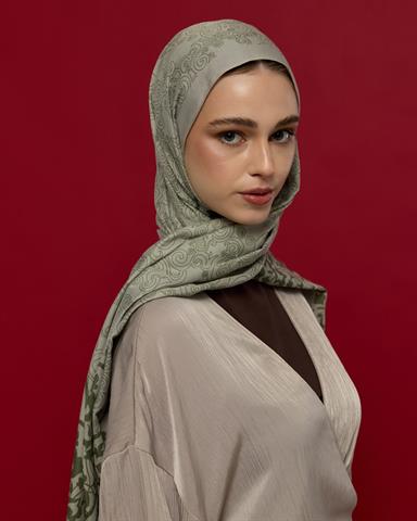 S-SARAYLI-38 Badem Kremi & Zeytin Yeşili Saraylı Desen Şal