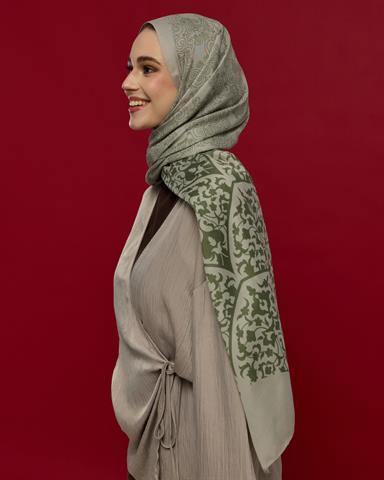 S-SARAYLI-38 Badem Kremi & Zeytin Yeşili Saraylı Desen Şal
