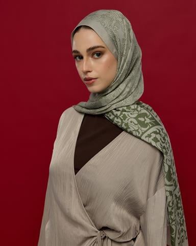 S-SARAYLI-38 Badem Kremi & Zeytin Yeşili Saraylı Desen Şal