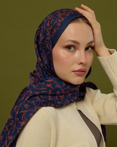 S-LALE-79 Bakır & Gece Laciverti Lale Bahçesi Desen Şal