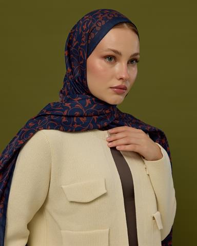 S-LALE-79 Bakır & Gece Laciverti Lale Bahçesi Desen Şal