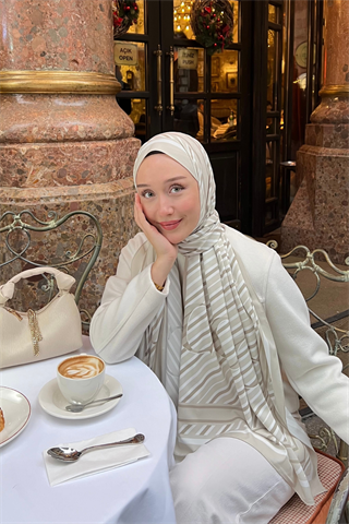 Bej Çizgi Desen Pamuk Vual Şal