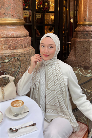 Bej Çizgi Desen Pamuk Vual Şal