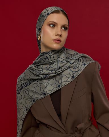 S-EFSUNLU-60 Bej & Lacivert Efsunlu Desen Şal