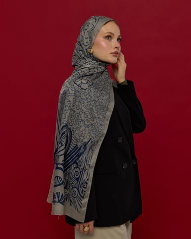 S-HAREM-60 Bej & Lacivert Harem Rüyası Desen Şal