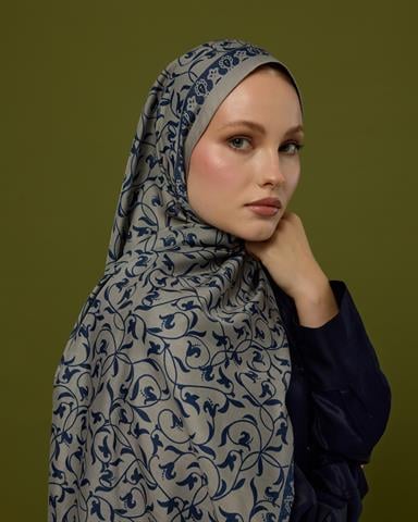 S-LALE-60 Bej & Lacivert Lale Bahçesi Desen Şal