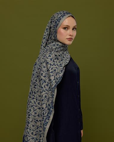 S-LALE-60 Bej & Lacivert Lale Bahçesi Desen Şal
