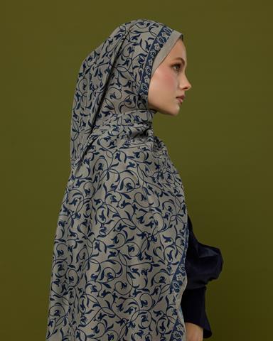 S-LALE-60 Bej & Lacivert Lale Bahçesi Desen Şal