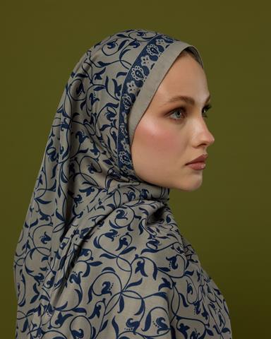 S-LALE-60 Bej & Lacivert Lale Bahçesi Desen Şal