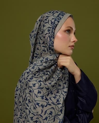 S-LALE-60 Bej & Lacivert Lale Bahçesi Desen Şal