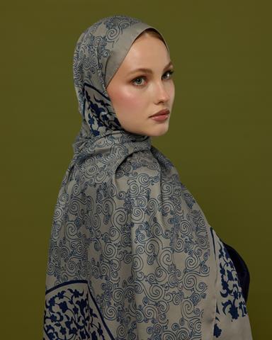S-SARAYLI-60 Bej & Lacivert Saraylı Desen Şal