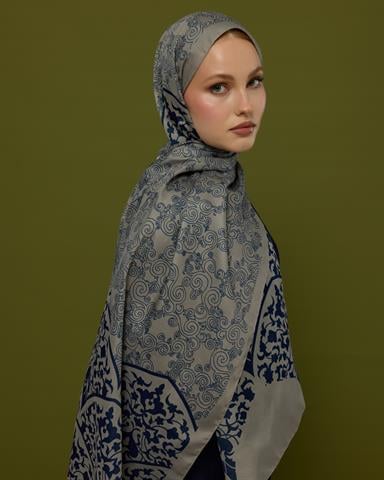 S-SARAYLI-60 Bej & Lacivert Saraylı Desen Şal