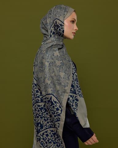 S-SARAYLI-60 Bej & Lacivert Saraylı Desen Şal