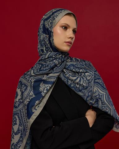 S-SULTANİ-60 Bej & Lacivert Sultani Desen Şal