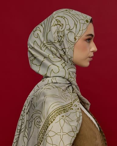 S-EFSUNLU-40 Beyaz Işık & Altın Zeytin Efsunlu Desen Şal