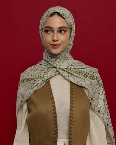 S-EFSUNLU-40 Beyaz Işık & Altın Zeytin Efsunlu Desen Şal