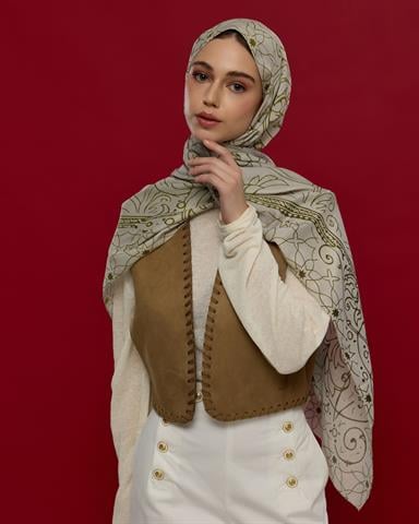 S-EFSUNLU-40 Beyaz Işık & Altın Zeytin Efsunlu Desen Şal