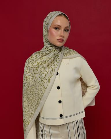 S-HAREM-40 Beyaz Işık & Altın Zeytin Harem Rüyası Desen Şal