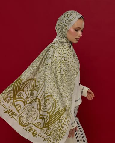 S-HAREM-40 Beyaz Işık & Altın Zeytin Harem Rüyası Desen Şal