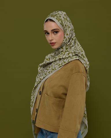 S-LALE-40 Beyaz Işık & Altın Zeytin Lale Bahçesi Desen Şal