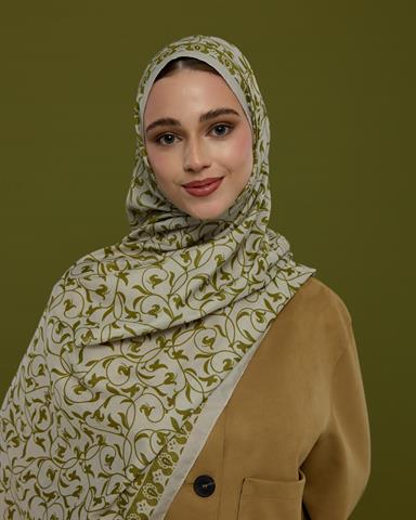 S-LALE-40 Beyaz Işık & Altın Zeytin Lale Bahçesi Desen Şal