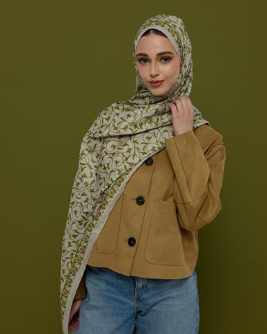 S-LALE-40 Beyaz Işık & Altın Zeytin Lale Bahçesi Desen Şal