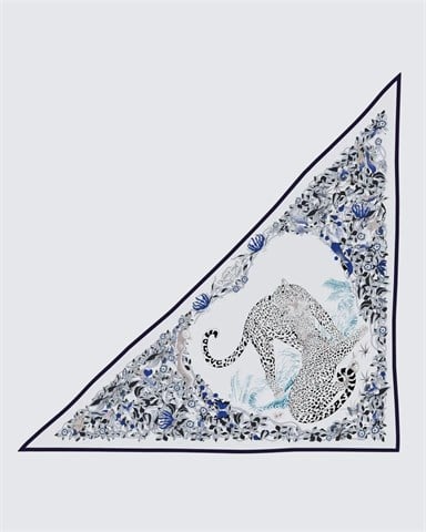 Beyaz & Saks Mavisi - Tropikal Leopar Desenli Kaşmir Omuz Şalı
