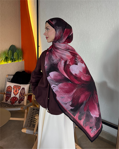 Bordo Floral Desenli Müslin Şal