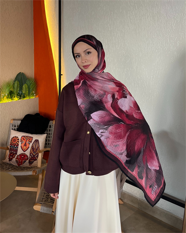 Bordo Floral Desenli Müslin Şal