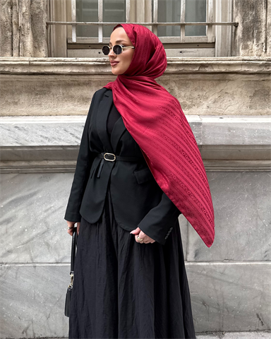 Bordo Şerit Desen Jakar Şal